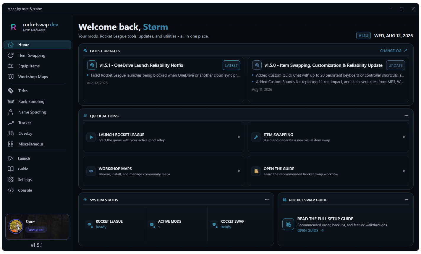 Rocket Swap v1.5.1 home screen showing updates, quick actions, system status, and the setup guide